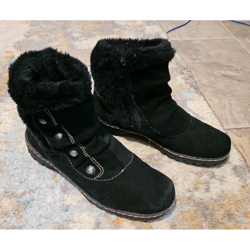 BareTraps Blaire Black Suede Leather Faux Fur Zip Ankle Snow Boot 9M Warm EUC